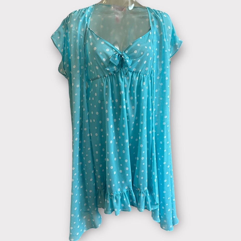 Oscar De La Renta Pink Label Negligee 2-pc Set Blue Polka Dot Babydoll Sz Large - Picture 2 of 7
